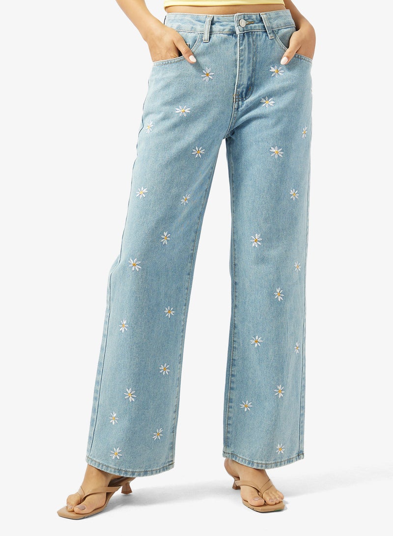 Ginger Mid Rise Floral Embroidered Straight Fit Jeans - Image 1
